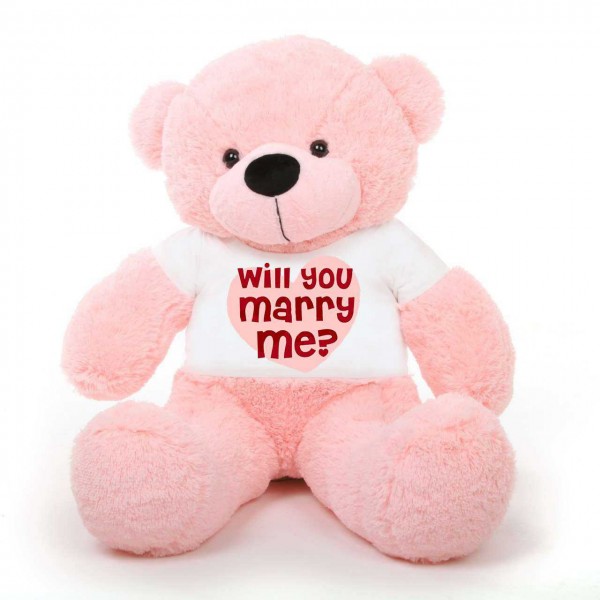 Pink 5 feet Big Teddy Bear wearing a Will You Marry Me T-shirt
